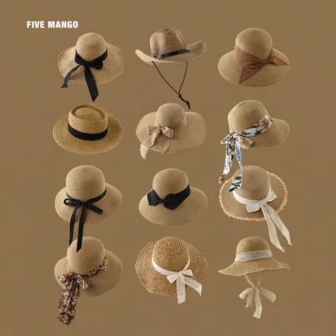 Sombrero de Paja Vintage Francés para Mujer Ala Ancha Sombrero de Sol de Playa Plegable de Papel Tejido con Lazo de Cinta para Viaje