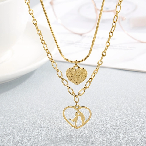 Collana A Strati Acciaio Inossidabile Ciondolo Cuore Silhouette Coppia Cava Gioielli Metallo Martellato Regalo Romantico Donne