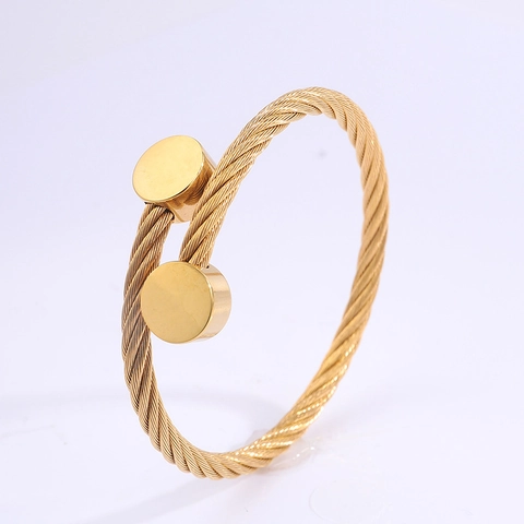 Bracciale Rigido Aperto in Acciaio al Titanio con Cavo Intrecciato Oro Placcato Doppia Testa Rotonda Bracciale a Polsino Elastico