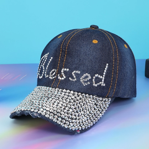 Trendy Rhinestone Letter Blessed Polyester Baseball Cap Sun Protection Unisex Hip Hop Fashion Adjustable Snapback Hat