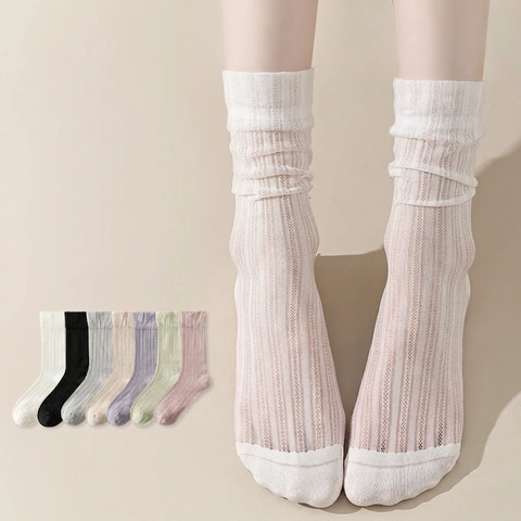Women Mid-Calf Slouch Socks Nylon Thin Breathable Mesh Ribbed Solid Color Minimalist Summer Fashion