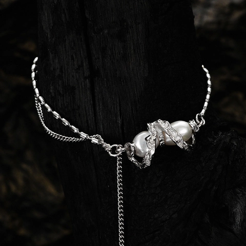 925 Sterling Silver Artificial Pearl Bracelet Women Double Layer Chain Minimalist Liquid Metal Design Adjustable Fashion Jewelry