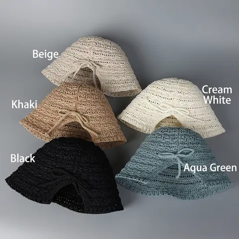 Dames Gebreide Vissershoed Polyester Stro Stijl Strik Decor Split Achterkant Ademend Zonnescherm Zomer Strand Reishoed