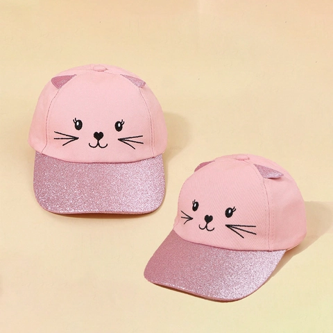 Kids Baseball Cap Cotton With Sequin Cat Ears Embroidery Glitter Brim Sun Protection Hat Adjustable Pink Cartoon For Girls