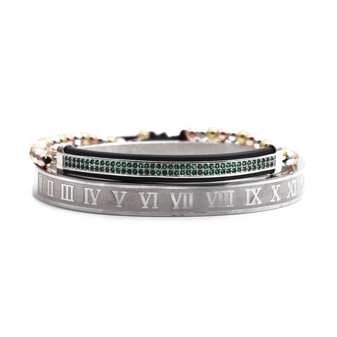 Römische Ziffern Armreif Geflochtenes Armband Edelstahl Kupfer Grüner Zirkon Verstellbarer Luxusschmuck Für Herren Und Damen