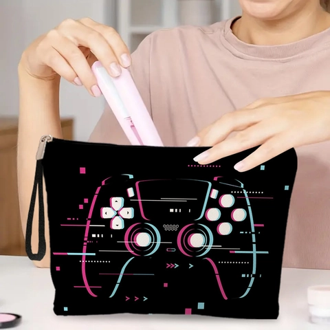 Borsa Trucco Stampa Controller Gioco Neon Tessuto Lino Cerniera Organizzatore Viaggio Per Donne