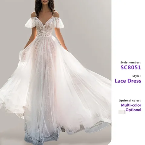 White Wedding Dress Lace Off Shoulder Deep V Neck Tulle Sequins Bridal Gown Elegant Plus Size For Women