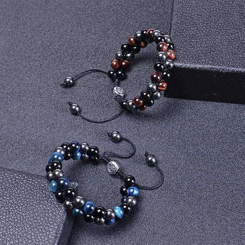 Men Layered Natural Blue Tiger Eye And Black Obsidian Beaded Bracelet Handmade Adjustable Woven Rope Yoga