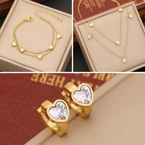 Collana Bracciale Orecchini Con Pendente A Cuore A Strati Acciaio Inossidabile Placcato Oro Zircone Gioielli Di Moda