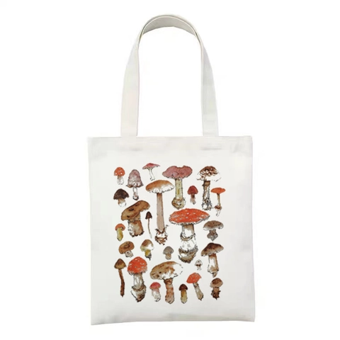 Vintage Harajuku Mushroom Plant Botanical Print Canvas Tote Bag Large Capacity Casual Shoulder Shopping Bag For Women Students