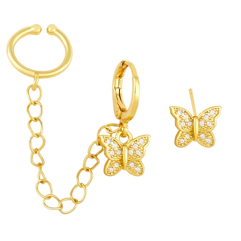 Asymmetric Chain Link Ear Cuff And Stud Earrings Copper Zircon Inlaid Butterfly Cross Moon Snake Planet Charms Trendy Boho