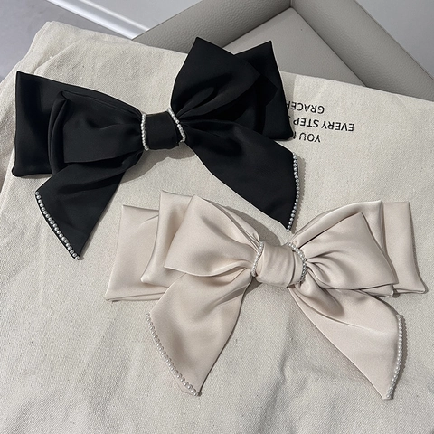 Elegant Large Satin Bow Hair Clip With Faux Artificial Pearl Trim Double Layer Long Tail Hairpin For Women Girls Versatile Headwear