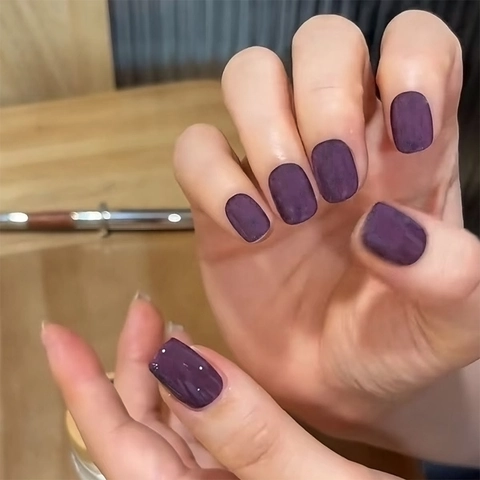Uñas Postizas A Presión Púrpura Oscuro Brillante Cuadradas Cortas Color Sólido Puntas De Uñas Desmontables Accesorio Manicura DIY