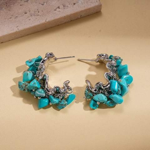 Bohemian Irregular Turquoise Stone C Shaped Stud Earrings With Silver Earring Post Vintage Alloy Jewelry For Women
