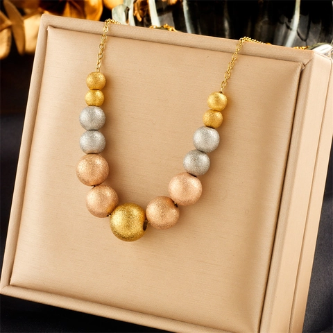 Niche Design Stainless Steel Tricolor Frosted Bead Necklace Gold Silver Rose Gold Beaded Chain Personalized Vintage Jewelry