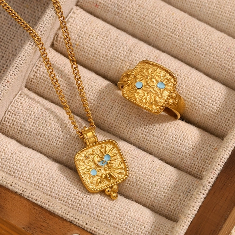 Celestial Sun Moon Star Square Pendant Necklace Hammered Blue Stone Ring Stainless Steel 18K Gold Plated Vintage Jewelry