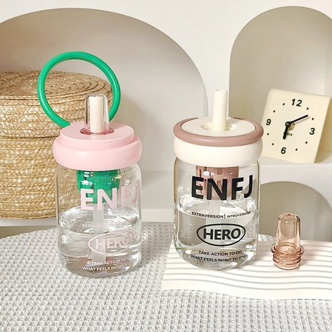 Bicchiere In Vetro Con Cannuccia E Infusore Per Tè MBTI Tema Personalità Manico Portatile Bottiglia D'acqua Ufficio