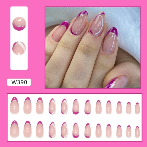 Faux Ongles Press On Forme Amande Magenta Violet Style Français Avec Paillettes Dorées Et Lignes Abstraites Blanches Pour Femmes