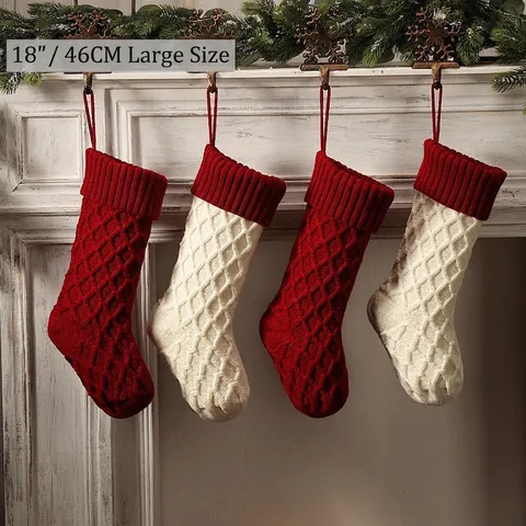 Großer Weihnachtsstrumpf Strick Acryl Hängender Geschenkbeutel Kamin Dekoration Klassisches Rautenmuster Festlich Feiertag