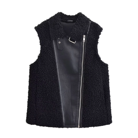 Women Moto Style Faux Lamb Wool Spliced PU Leather Vest Jacket Sleeveless Asymmetrical Zip Warm Mid-Length Waistcoat Top