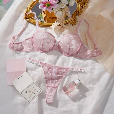 Lingerie Dentelle Rose Sexy Broderie Florale Soutien Gorge Et String Mesh Push Up Armatures Respirant Romantique Femmes