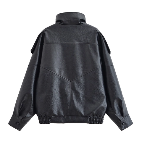 Giacca In Similpelle Da Donna Oversize Collo Alto Streetwear PU Moto Cappotto Nero Manica Lunga Casual Asimmetrico
