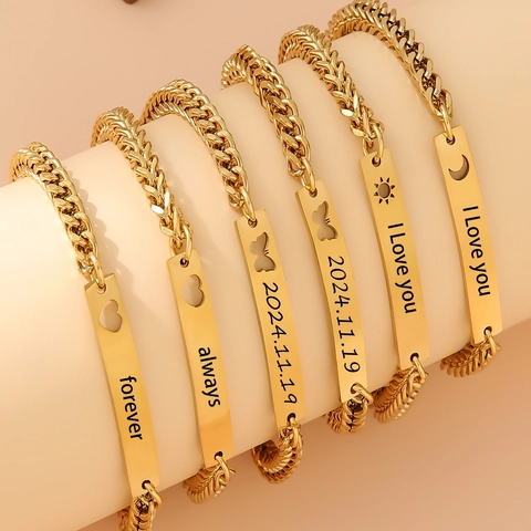 Bracciale ID in Acciaio Inossidabile a Maglia Cubana per Uomo Donna Placcato Oro 18K Sole Luna Cuore Farfalla Design Cavo Gioielli