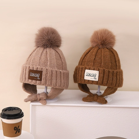 Gorro de Punto de Invierno para Niños con Orejeras y Pompón de Piel Sintética Grande Gorro Cálido con Cordones para Niños y Niñas