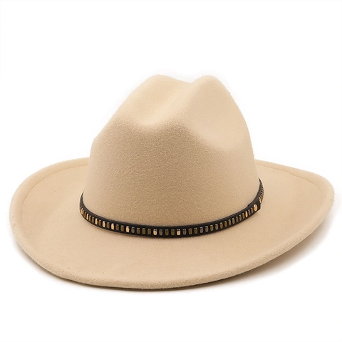 Western Cowboy Hat Fedora Wide Brim Wool Felt Jazz Cap With Riveted Leather Band Vintage Outdoor Sun Hat For Men Women