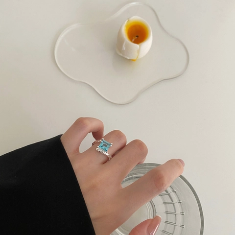 925 Sterling Silver Open Ring Square Blue Zircon Minimalist Irregular Texture Adjustable Jewelry For Women