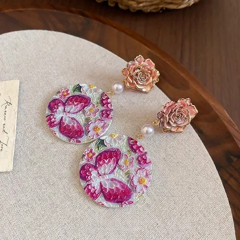 Orecchini Pendenti Vintage Con Rosa E Farfalla Con Perla Artificial Sintetica E Perno In Argento Sterling 925 Da Donna