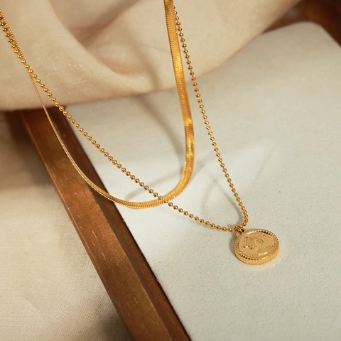 Layered Anklet Titanium Steel Gold Plated Snake Bead Chain Round Coin Portrait Pendant Retro Fashion Foot Jewelry Women
