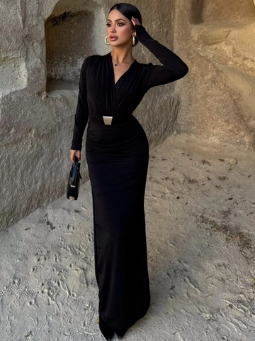 Abito Maxi A Maniche Lunghe Con Scollo A V Da Donna Aderente Vita Arricciata Con Fibbia In Metallo Spacco Laterale Festa