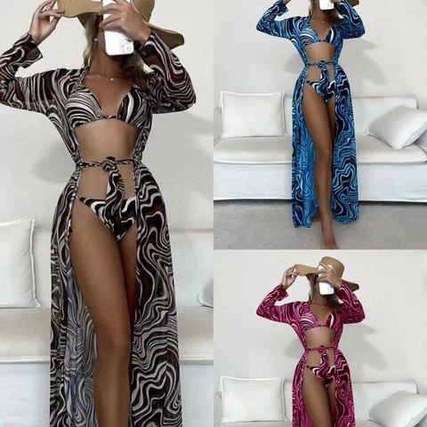 Maillot De Bain Bikini À Imprimé Marbré Avec Paréo Long En Maille Pour Femme Style De Vacances Sexy