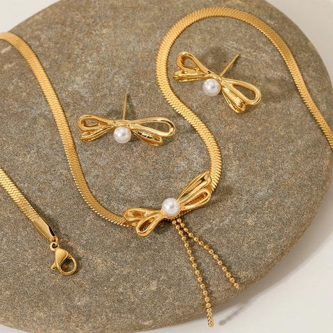 Collar Y Pendientes De Lazo De Acero Inoxidable Con Perla Artificial Elegante Cadena De Serpiente Joyería Para Mujer