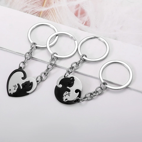 Matching Cat Keychains Stainless Steel Puzzle Heart Circular Yin Yang Pendant Couples Best Friends Gift Bag Accessory