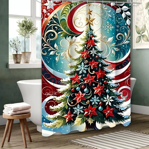 Weihnachts Duschvorhang Polyester Wasserdicht Mit Haken Weihnachtsmann Rentier Winter Schnee Landschaft 3D Druck Badezimmer Dekor