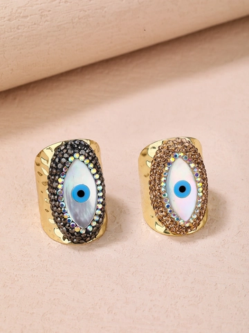 Bague Ouverte Vintage Oeil d'Evil Avec Nacre Coquille Strass Plaqué Or 14K Ajustable Bijoux de Doigt Ethniques pour Femme
