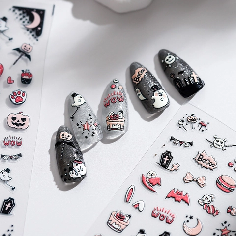 Halloween Nail Art Stickers 5D Embossed Self Adhesive Decals Ghost Pumpkin Vampire Design For Manicure Decoration