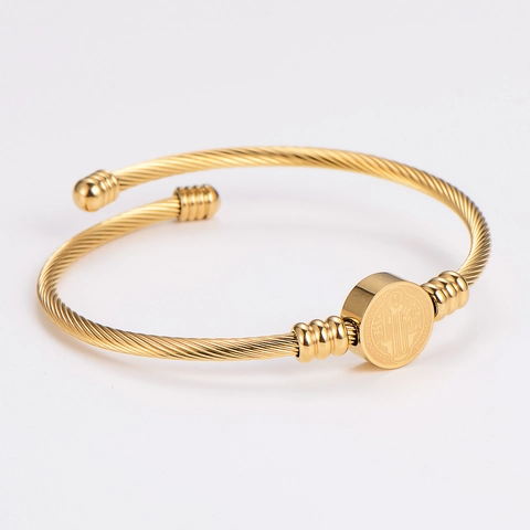 Brazalete Abierto Medalla San Benito Acero Inoxidable 304 Chapado Oro Cuerda Trenzada Religioso Ajustable Joyería Mujer