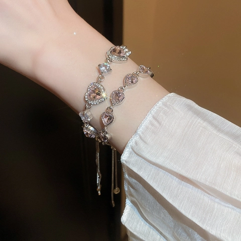 Hart Armband Voor Dames Roze Zirkoon Rijnsteen Legering Verstelbare Schuifketting Zoet Luxe Elegant Sieraden Cadeau