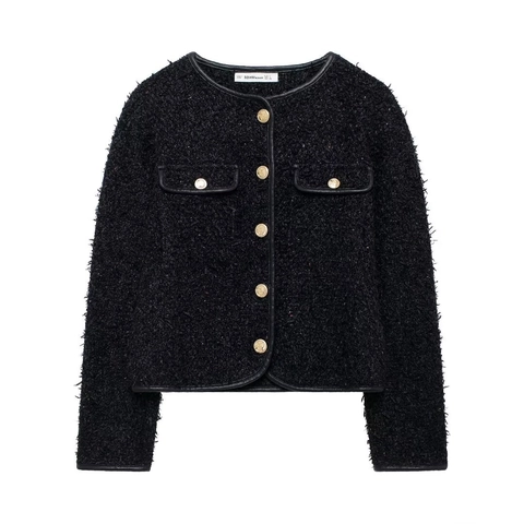 Women Tweed Jacket Elegant Round Neck Metal Buttons Leather Trim Long Sleeve Short Outerwear