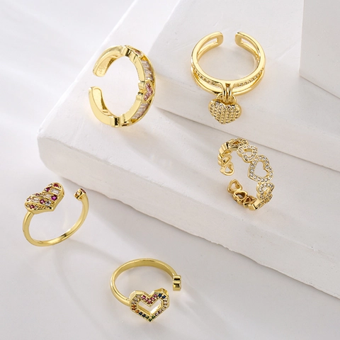 Hohlherzform Offener Ring Kupfer Vergoldet Zirkon Geometrisch Verstellbarer Schmuck Für Frauen Nischen-Design