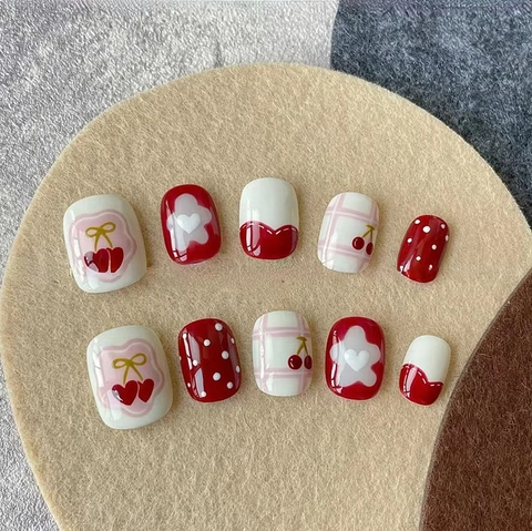 Süße Kinder Kunstnägel Erdbeere Rot Punktmuster Blumen Herz Design Kurz Rund Künstliche Nägel Für Mädchen Damen