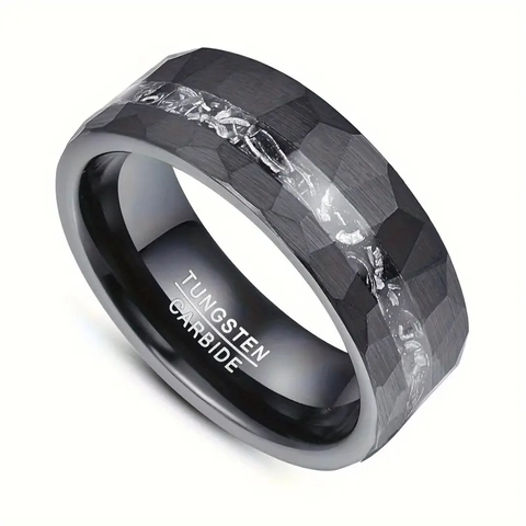 Bague Homme Carbure De Tungstène Finition Martelée Imitation Météorite Incrustation Ajustement Confort Affaires Vintage Noir Bande