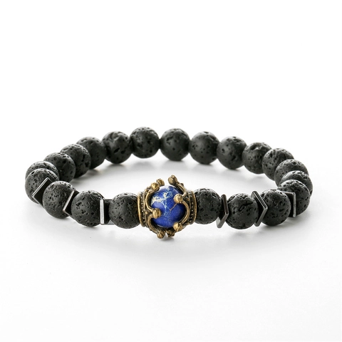 Natural Tiger Eye Lava Stone Agate Beaded Bracelet Vintage Alloy Crown Elastic Retro Wristband Jewelry For Men Women