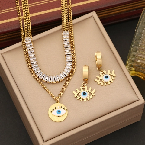 Evil Eye Jewelry Stainless Steel Zircon Double Layer Necklace Bracelet Earrings Elegant Aesthetic For Women Girls