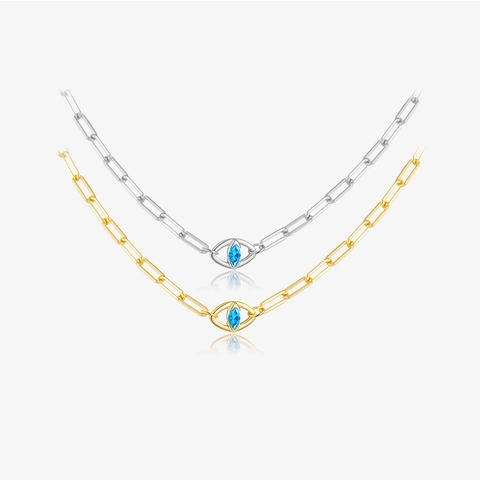 925 Sterlingsilber Halskette Mit Bösem Auge Für Damen Blau Marquise Strass Anhänger Büroklammerkette Modeschmuck Geschenk