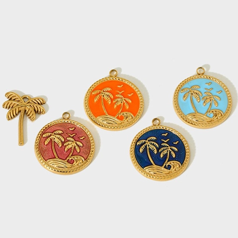 Stainless Steel Palm Tree Pendant Gold Plated Enamel Coconut Tree Charm Tropical Sunset Beach DIY Jewelry Making For Women