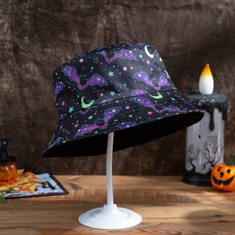 Halloween Bucket Hat Polyester Reversible Foldable Sun Protection Hat With Bat Pumpkin Print For Party Men Women